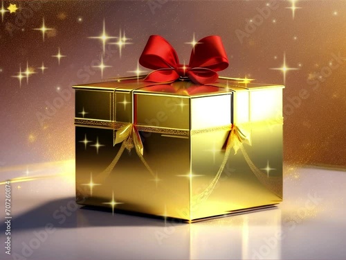 Golden gift boxt with ribbon, Valentine's day concept, present, holiday. photo