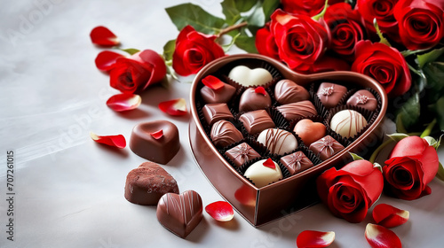 Luxury valentine chocolates in heart shaped gift box and red roses, copy space © colnihko