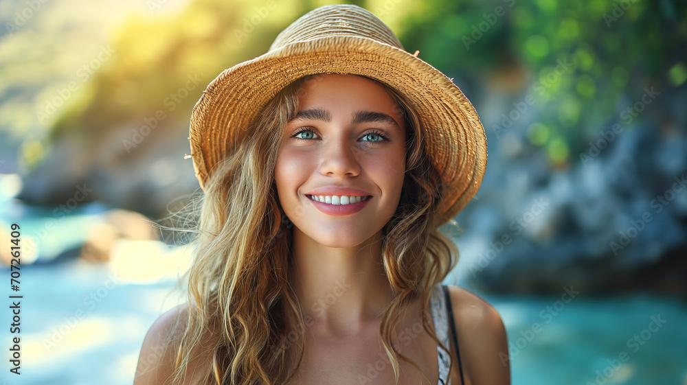 Close-up portrait of a beautiful smiling young summer woman hat on the beach with enjoying the sunlight on a beach by the river.