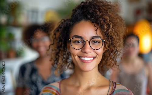 Close-up portrait of a young african american woman standing with curly hair styling wearing eyeglasses smiling at home family background. © PrettyStock