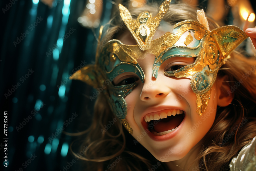 Joy Unleashed: Kid Superstar Radiates Happiness in Carnival Mask