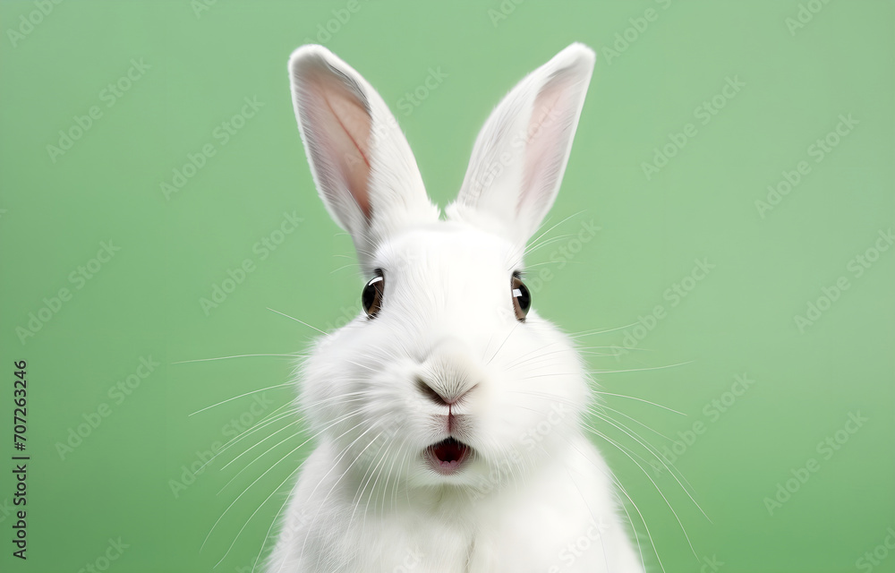 Happy Easter greeting card - White Easter bunny rabbit who looks amazed or scared, mouth opened, isolated on green background