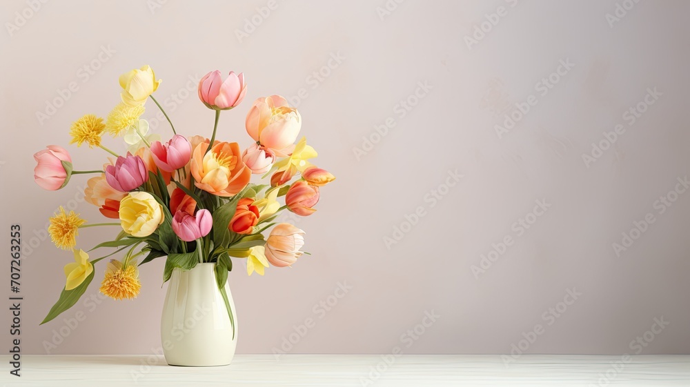 a bouquet of spring flowers on a light background in a modern minimalist style, a composition with a generous amount of empty space on the right, emphasizing simplicity and elegance. a bouquet of spring flowers on a light background in a modern minimalist style, a composition with a generous amount of empty space on the right, emphasizing simplicity and elegance.