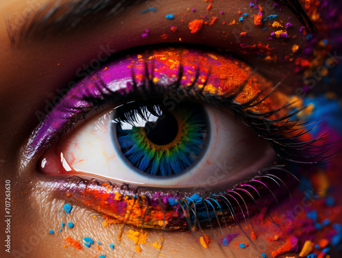 A stunning close-up of an eye with vibrant and detailed makeup, highlighting modern beauty and artistry