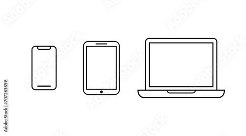 Smart phone, tablet and laptop vector icon for web. Flat icon design mock up (solid black fill). Vector icon illustration photo