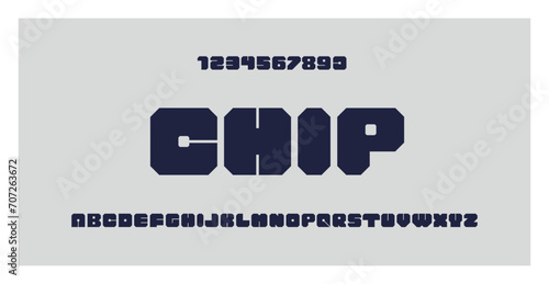 Chip tech font. Printed circuit board typography for technology, engineering, science, gaming, music, logo design. PCB digital lettering. Blue modular letters and numbers. Vector art illustration.