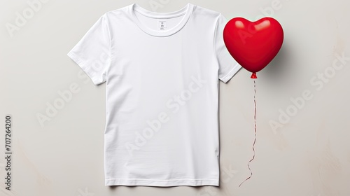 a plain, bright red, thick crewneck, cotton short sleeve t-shirt mockup, on a hanger against a white wall, a white color heart balloon.