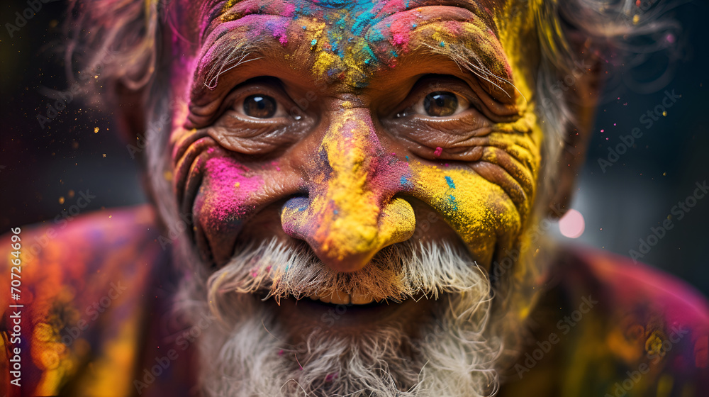Portrait of an elderly man joyfully covered in vibrant colors during the Holi festival, a traditional Indian celebration Portrait of an elderly man joyfully covered in vibrant colors during the Holi festival, a traditional Indian celebration