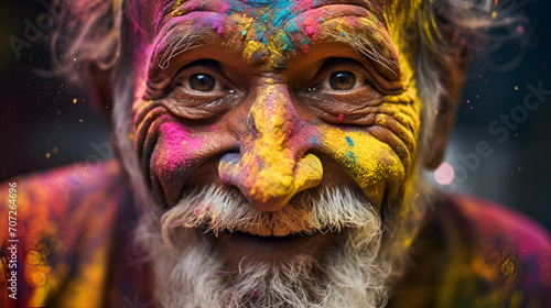 Portrait of an elderly man joyfully covered in vibrant colors during the Holi festival, a traditional Indian celebration