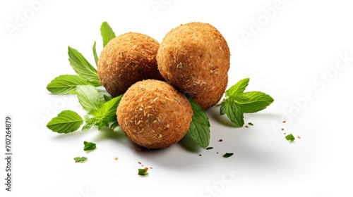fried organic falafel balls isolated on a white background  a composition or scene in a minimalist modern style  highlighting the textures and flavors of the halafel.