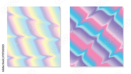 Hologram gradient background set with holographic cover. 90s, 80s retro style. Iridescent graphic template for flyer, poster, banner, mobile app. Vibrant minimal hologram gradient.