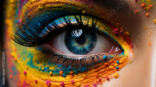 A close-up of an eye with colorful makeup, showcasing a blend of art and beauty. Holi festival
