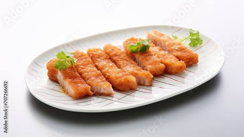 The cutlet is artistically sliced and elegantly presented on a rectangular ceramic plate with a distinct Japanese design, set against a clean white background.