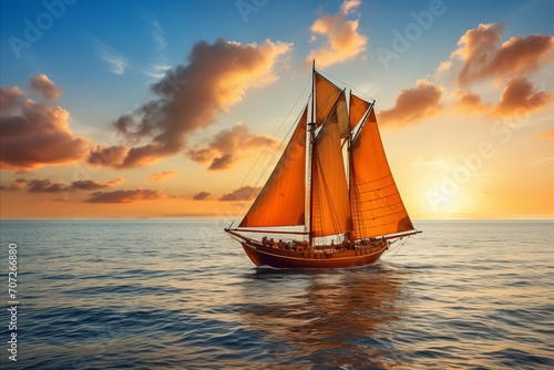 Exquisite Sunset Horizon. Majestic Luxury Yacht Gracefully Sailing on the Expansive Open Sea