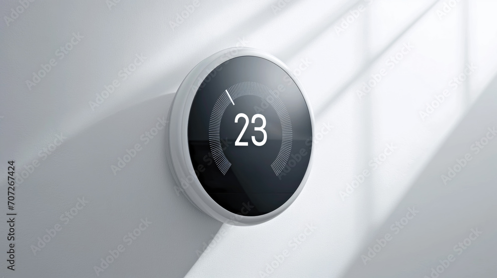 Efficiently Control the Temperature, a Smart Thermostat on a White Wall, Generative AI Efficiently Control the Temperature, a Smart Thermostat on a White Wall, Generative AI