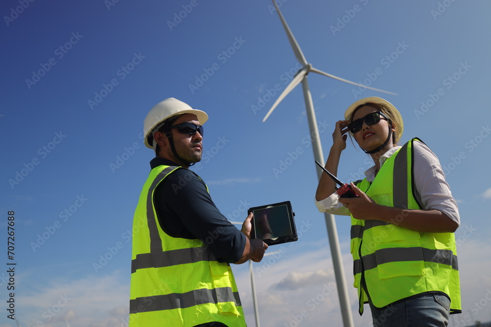 A couple of Electric engineers working together at a wind turbine farm. A couple of Electric engineers working together at a wind turbine farm.