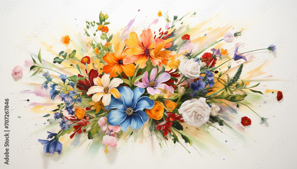 Arrange a burst of flowers surrounded by leaves, creating the illusion of a floral bouquet exploding with color and energy against a pristine white background