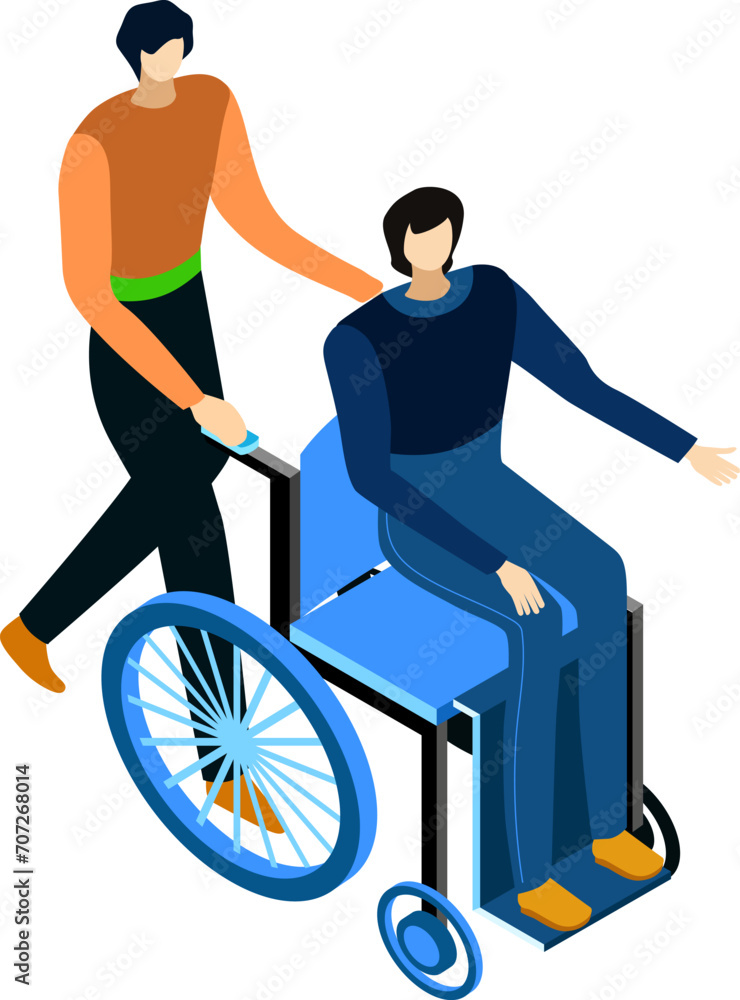 Person assisting another person in a wheelchair, depiction of disability care and support. Caregiver helping disabled man. Assistance and accessibility services vector illustration. Person assisting another person in a wheelchair, depiction of disability care and support. Caregiver helping disabled man. Assistance and accessibility services vector illustration.