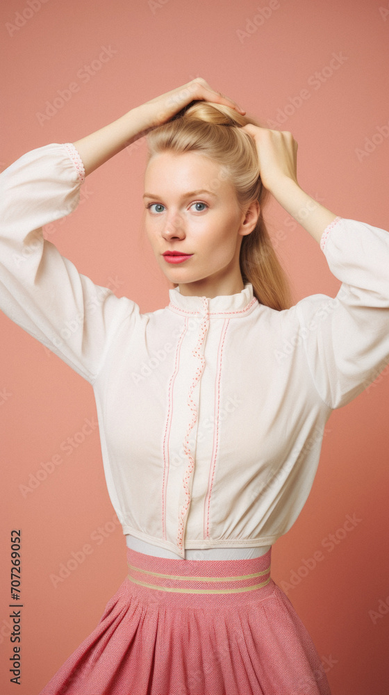 Portrait of a beautiful young blonde woman in a white blouse and skirt on a pink background Portrait of a beautiful young blonde woman in a white blouse and skirt on a pink background