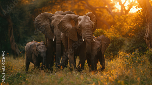 Elephant family in the wild on sunset