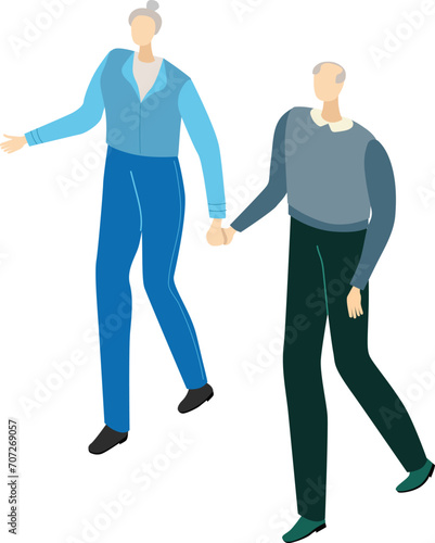 Two elderly people walking together, senior couple holding hands, happiness in retirement. Elderly companionship and active seniors vector illustration.