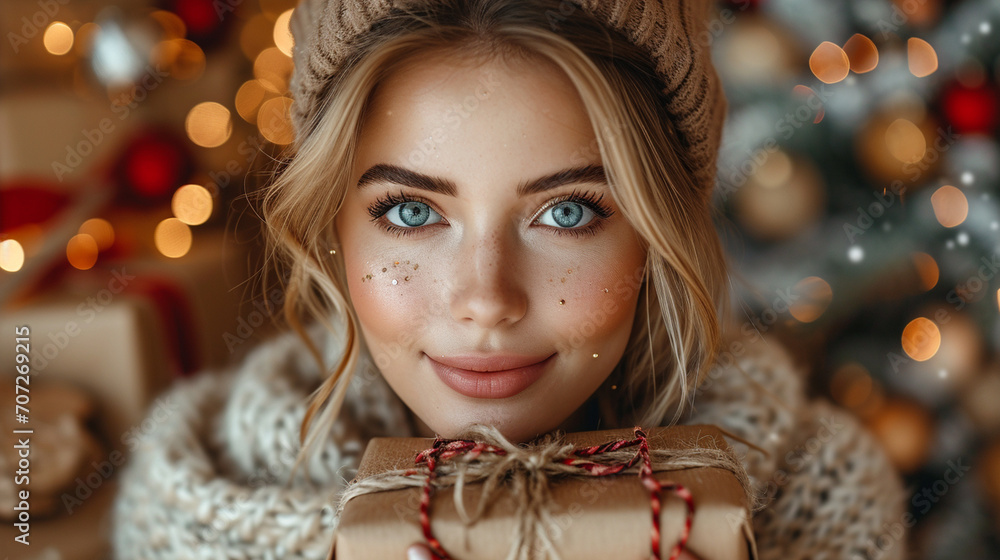 A festive holiday setting with a beautiful woman holding a padarok, surrounded by twinkling ornaments and seasonal decorations, capturing the joyous spirit of celebration and gift A festive holiday setting with a beautiful woman holding a padarok, surrounded by twinkling ornaments and seasonal decorations, capturing the joyous spirit of celebration and gift