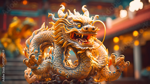 Close up of golden dragon statue in a temple, Chinese Dragon Background  © Iwankrwn
