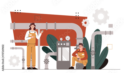 Workers in boiler room. Man and woman in uniform with toolbox near pipes with water. Repairman and repairwoman fix problems. Cartoon flat vector illustration isolated on white background