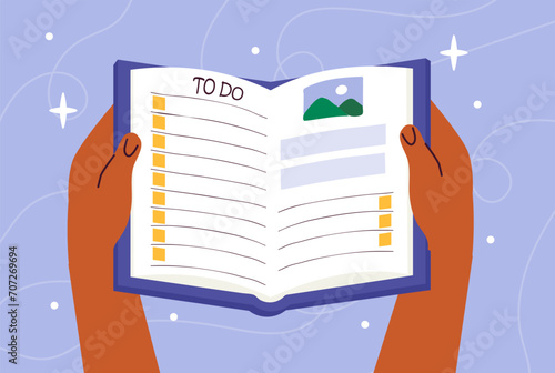 Book in hands concept. Love for literacy and reading. Useful hobby and leisure. Education and learning, student doing homework. Cartoon flat vector illustration isolated on blue background