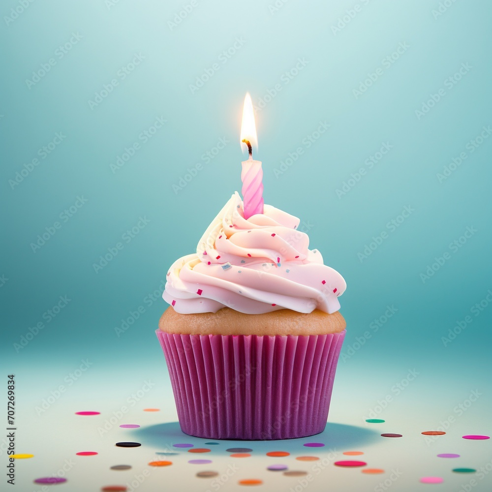 Birthday cupcake with a lit candle on a blue background.AI.