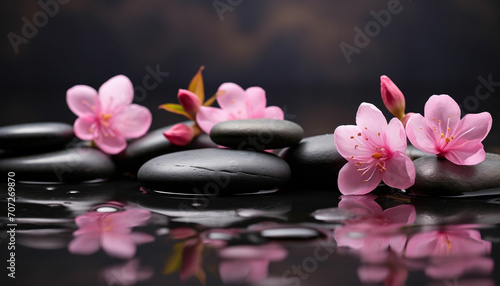 beautiful pink spa flowers on spa hot stones on water wet background. side composition. copy space. spa concept. dark background