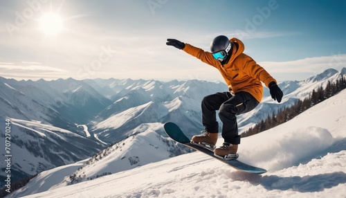 skiing, a snowboarder performs a trick in the mountains, winter sports, a guy snowboarding, a man going down a steep slope on a snowboard