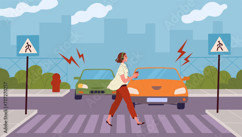 Careless girl at crosswalk concept. Woman walk at city road. Dangerous situation for cars and automobiles. Unreliable pedestrian. Bad urban traffic. Cartoon flat vector illustration