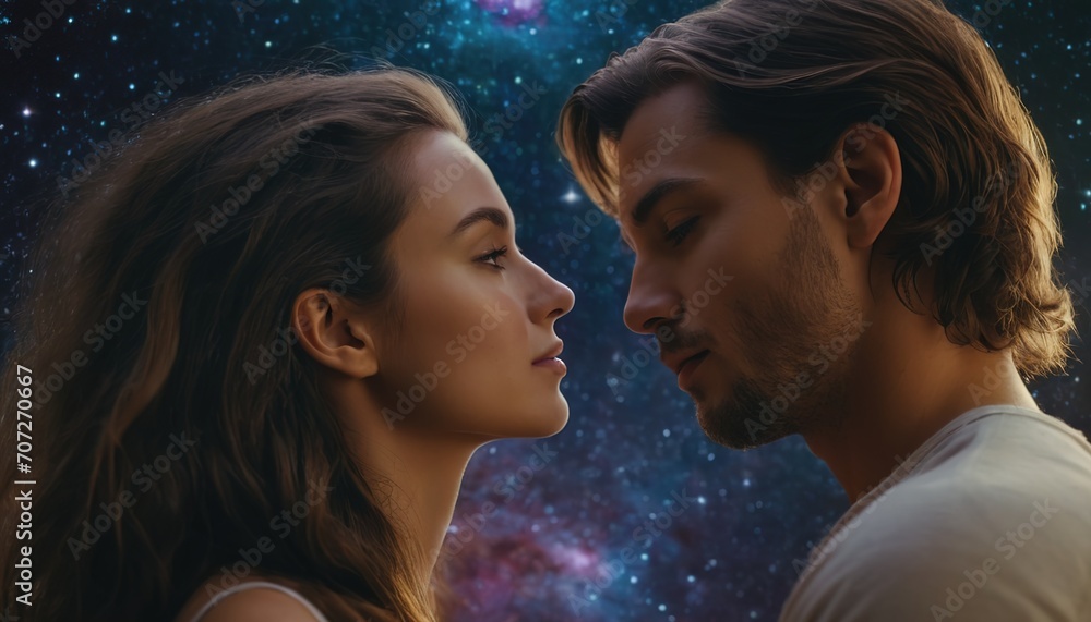 A guy and a girl in love look at each other against the background of space, the Milky Way, burning planets, space art for Valentine's Day A guy and a girl in love look at each other against the background of space, the Milky Way, burning planets, space art for Valentine's Day