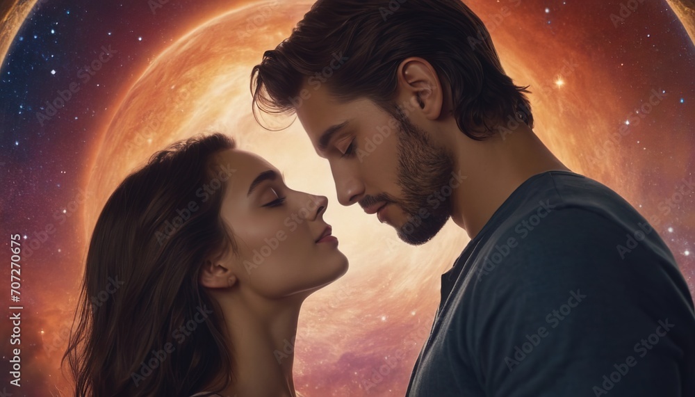 A guy and a girl in love look at each other against the background of space, the Milky Way, burning planets, space art for Valentine's Day A guy and a girl in love look at each other against the background of space, the Milky Way, burning planets, space art for Valentine's Day