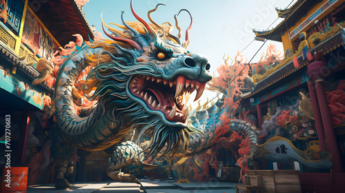 3D chinese dragon on the street in the city while chinese new year festival. Chinese Dragon Background © Iwankrwn