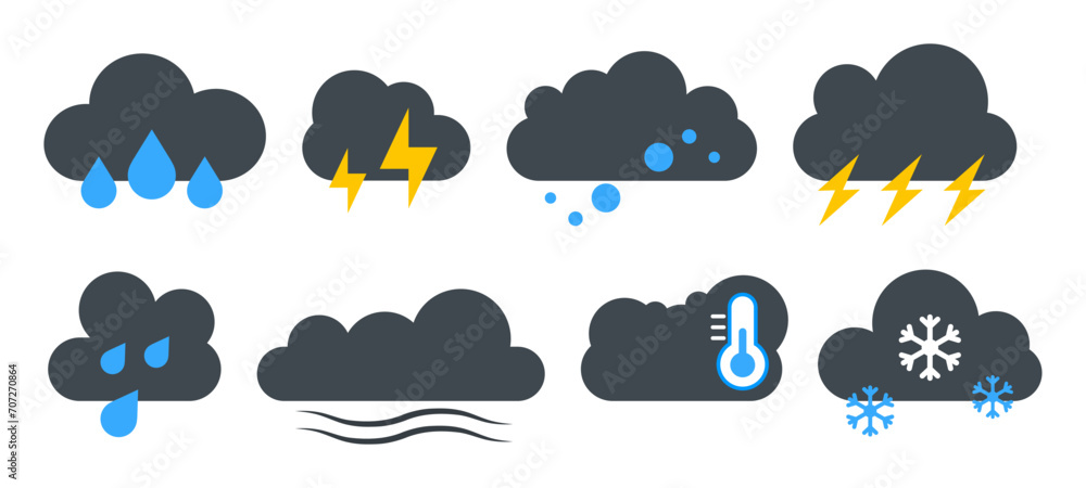 Bad Weather Icons. Vector dark clouds with snow, rain, lightning. Thunderstorm clouds.