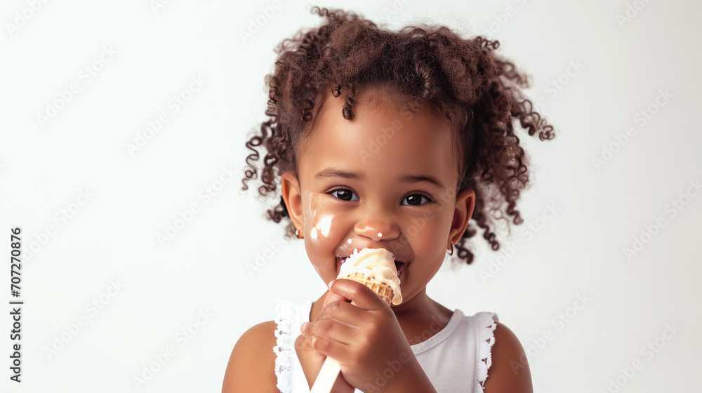Child eating ice cream on a white background Child eating ice cream on a white background