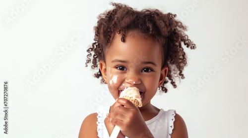 Child eating ice cream on a white background