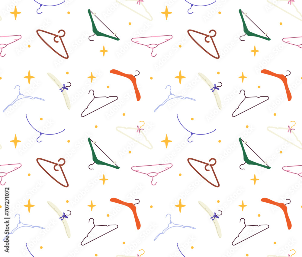 Clothes hangers seamless pattern. Repeating design element for printing on fabric. Green and red, pink elements for clothes. Rack for trendy outfit. Cartoon flat vector illustration Clothes hangers seamless pattern. Repeating design element for printing on fabric. Green and red, pink elements for clothes. Rack for trendy outfit. Cartoon flat vector illustration