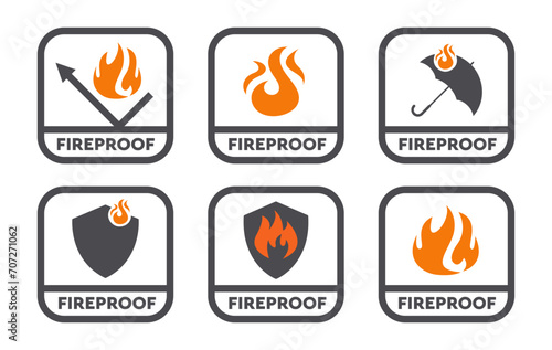 Fireproof and flame resistant vector labels. Fire protection signs isolated on white.