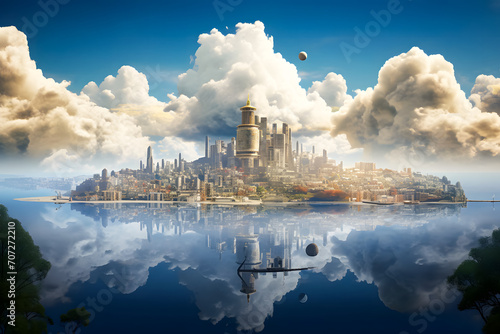 Eco city concept with skyscrapers on the clouds floating in air blue sky reflected in water