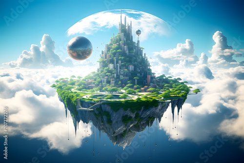 Eco city concept with island buildings on the clouds floating in air blue sky. 3D rendering © Iwankrwn