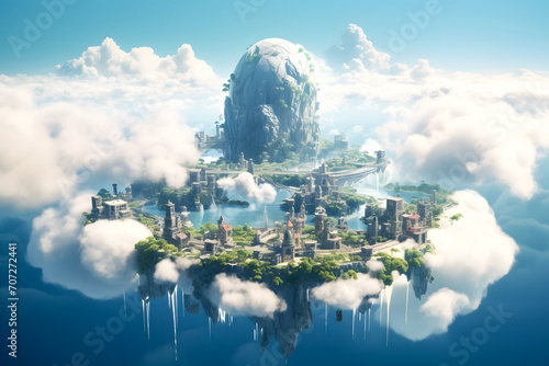 Eco city concept with island buildings on the clouds floating in air blue sky. 3D rendering