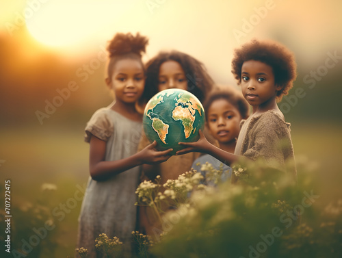 International day of peace concept. African Children holding earth globe. Group of African children holding planet earth planet earth over defocused nature background with copy space