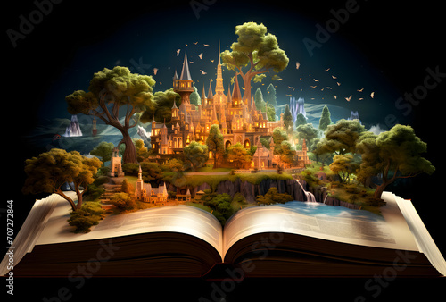 Magic pop up book with fantasy fairy house and tree. Halloween concept. Book world day. 3D rendering