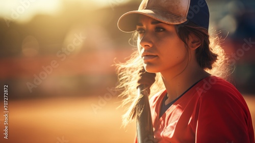 closeup of a woman softball player standing on a softball field looking away from camera in the sun photo