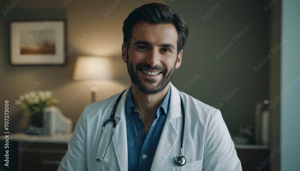 in the doctor's office, a smiling male doctor, a happy doctor, the doctor smiles at the patient in the doctor's office, a smiling male doctor, a happy doctor, the doctor smiles at the patient