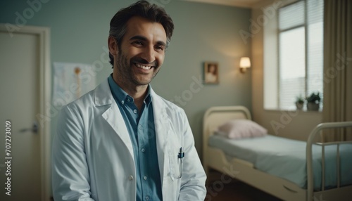 in the doctor's office, a smiling male doctor, a happy doctor, the doctor smiles at the patient