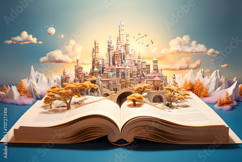 Pop up book with fantasy cityscape on the pages. 3D rendering, World book day photo